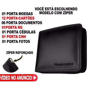 carteira masculina couro legítimo a mais completa do mercado 100% couro com ziper Preta - Imagem 3