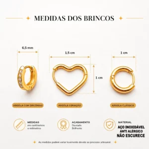 Trio de Brincos Coração e Argola em Aço Inoxidável 316L - 3 Pares - Imagem 5